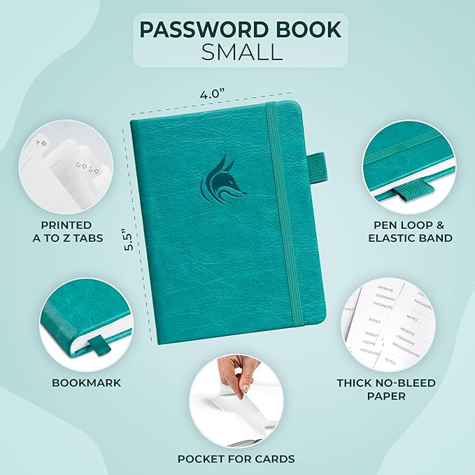 Clever Fox Password Book with Alphabetical tabs. Internet Address Organizer Logbook. Small Pocket Password Keeper for Website Logins (Aquamarine)