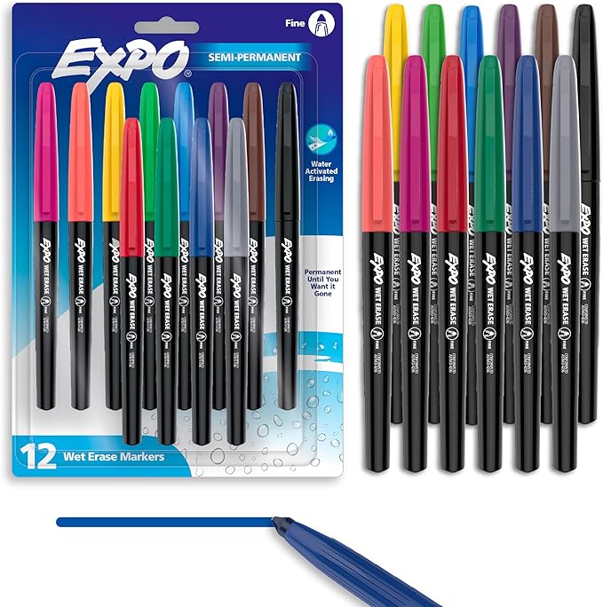 EXPO Wet Erase Markers, Semi-Permanent Markers, Assorted, Fine Tip, 12 Count