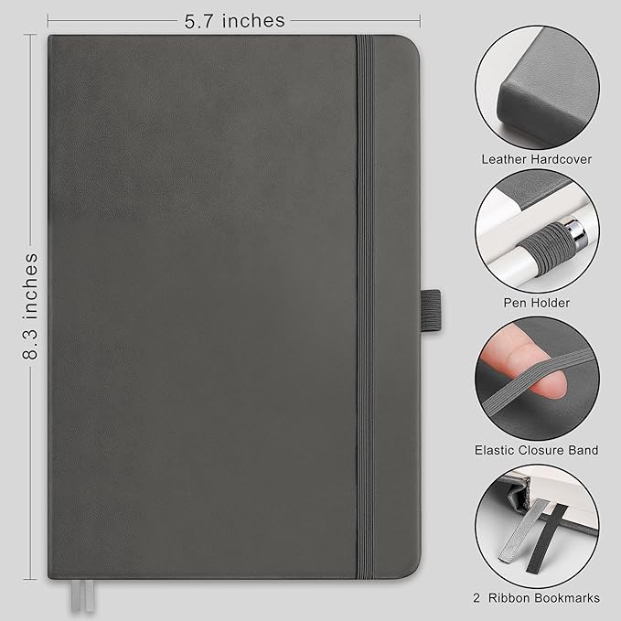 RETTACY Journaling Notebooks, A5 Lined Notebook Journal with 320 Numbered Pages, 5.7'' × 8.3'', Medium Size, Journal Notebook for Writing, Work, Leather Hardcover, 100 GSM Thick Paper (Gray)