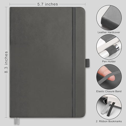 RETTACY Journaling Notebooks, A5 Lined Notebook Journal with 320 Numbered Pages, 5.7'' × 8.3'', Medium Size, Journal Notebook for Writing, Work, Leather Hardcover, 100 GSM Thick Paper (Gray)