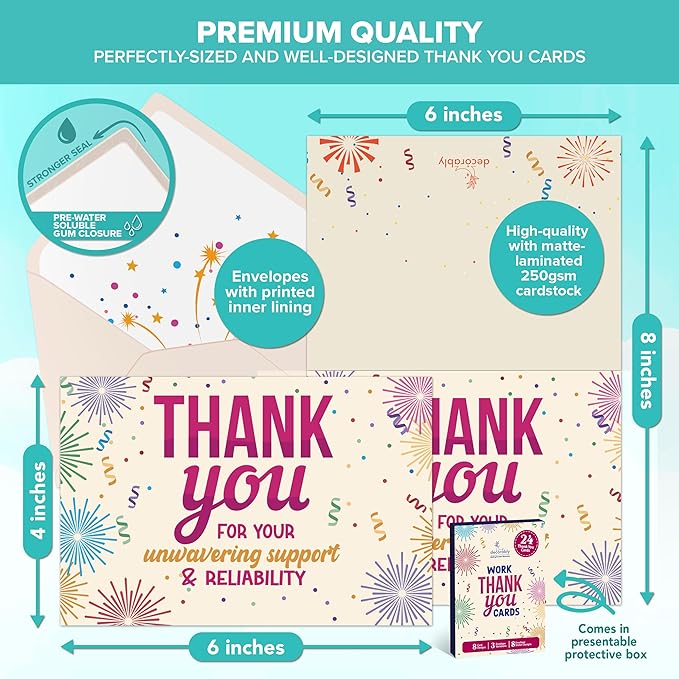 Decorably 24 Pack 6x4in Employee Appreciation Cards with Envelopes and Stickers, 8 Festive Designs Employee Thank You Cards, Blank Inside - Recognition, Promotion, Work Anniversary