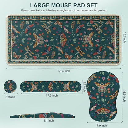 iLeadon Desk Pad Mat for Keyboard and Mouse,4in1 Green Large Mouse Pads Set for Desk,Ergonomic Wrist Rest for Computer Keyboard,Cup Coaster with Non-Slip Rubber Base for Home Office,Dark Green Insect