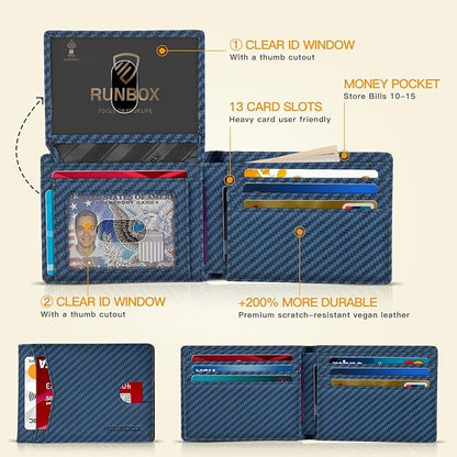 RUNBOX Wallet for Men Slim Rfid Leather 2 ID Window With Gift Box