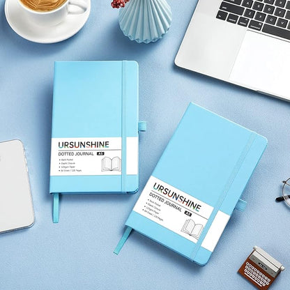 Dotted Journal/Notebook - Dot Grid Hard Cover Notebook, Premium Thick Paper with Fine Inner Pocket, Black Smooth Faux Leather, Pen Loop, 5.3'' x 8.26'' - Light Blue