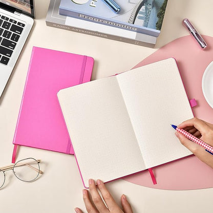 Dotted Journal/Notebook - Dot Grid Hard Cover Notebook, Premium Thick Paper with Fine Inner Pocket, Black Smooth Faux Leather, Pen Loop, 5.3'' x 8.26'' - Raspberry