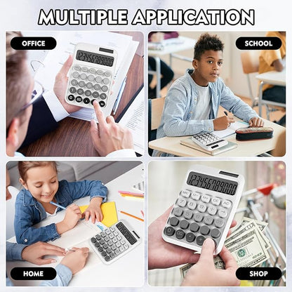 Mechanical Switch Calculator with Big Buttons, Calculators Desktop, 12 Digits, Solar Battery Power, Desk Calculator, Large LCD Display, Cute White Calculator for Teachers Students Basic Office