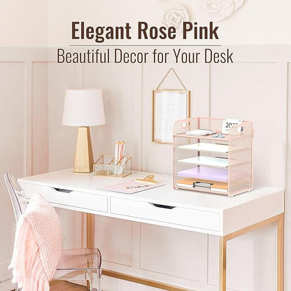 2 Pack 5-Tier Pink Desk Organizer with Handle Mesh Desk File/Paper Organizer Letter Tray for Office, School and Home Easy Installation