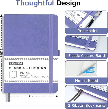 Blank Journal Notebook, A5, 192 Pages 100 GSM Thick Sketch Book for Women Men, Hardcover Leather Unlined Journaling for Work, Notebooks for Writing, 5.8 inches x 8.5 inches (Purple)