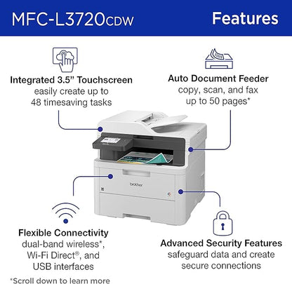 Brother MFC-L3720CDW Wireless Digital Color All-in-One Printer with Laser Quality Output, Copy, Scan, Fax, Duplex, Mobile Includes 2 Month Refresh Subscription Trial ¹ Works with Alexa