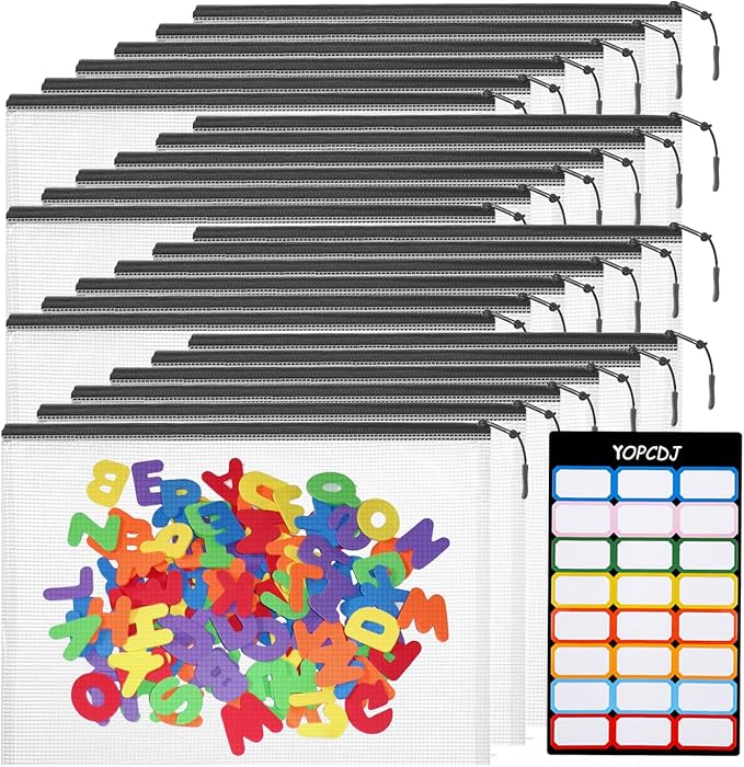 24pcs Mesh Zipper Pouch Bags, A5 9.4 x 6.9 Inches Reusable Zipper Bags Puzzle Storage Organizer Black Multipurpose for Travel Board Games Toys Office Supplies and Classroom Organization