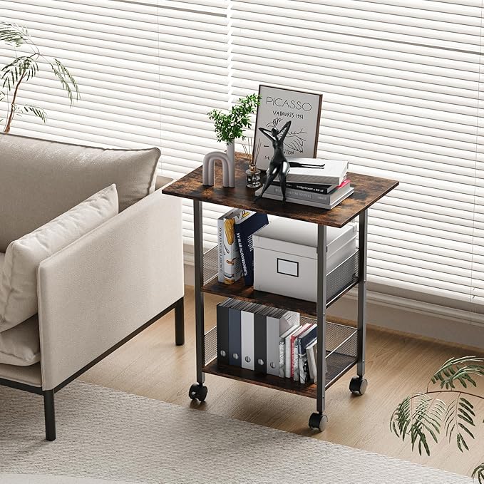 Printer Stand, 3-Tier Mobile Industrial Printer Table with Anti-Fall Storage Shelf, 23"x15" Home and Office Rolling Cart for Printer, Fax Machine, Laminator, Scanner