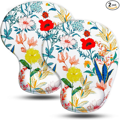 JIKIOU Mouse Pad, 2 Pack Ergonomic Mouse Pads with Comfortable Gel Wrist Rest Support and Lycra Cloth, Non-Slip PU Base for Easy Typing Pain Relief Durable and Easy to Clean Small White Flowers