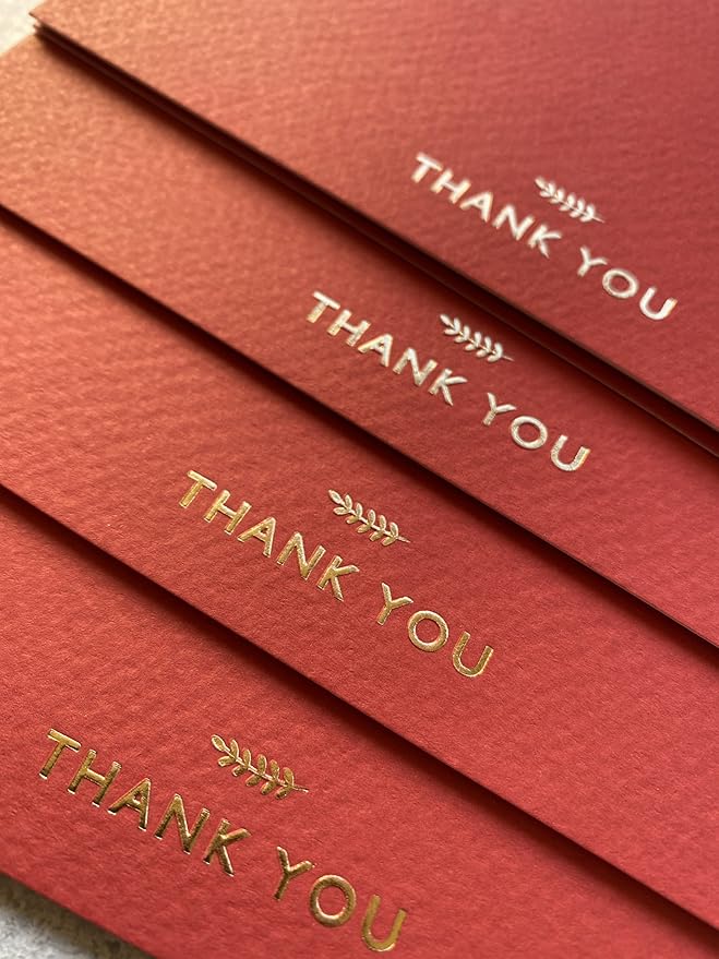 RUN2PRINT (36 Pack Thank You Cards With Envelopes & Stickers - Elegant Red Emboss Gold Foil Pressed - Blank Notes Wedding, Bridal, Baby Shower, Business and Formal All Occasion Cards (Folded)