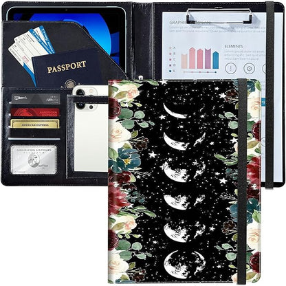 PU Leather Padfolio Folder Clipboard Portfolios Organizer Conference Document Organizer with Business Card Holder Storage Clipboard Writing Pad,Moon Wild Floral