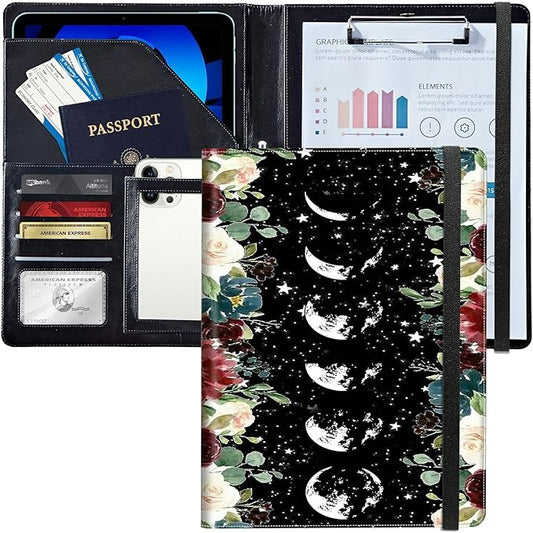 PU Leather Padfolio Folder Clipboard Portfolios Organizer Conference Document Organizer with Business Card Holder Storage Clipboard Writing Pad,Moon Wild Floral