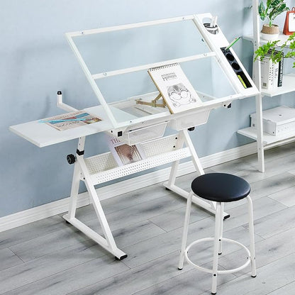 LifeSky Drafting Table Adjustable for Artists - Art Drawing Desk with Storage for Painting Sketching - Glass Top for Painters Illustrators Cartoonists White