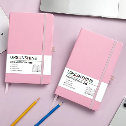 Graph Grid Paper Notebook/Journal - Classic Journal/Notebook with Ribbon Divider, Hardcover with Thick Paper, 5.3" x 8.26", Banded + Pen Holder +Inner Pocket - Pink