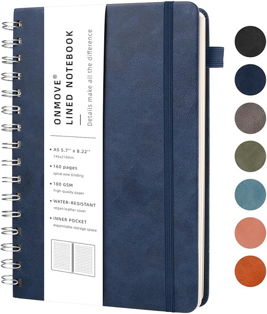 Lined Spiral Notebook Journal for Women Men 160 Pages A5 College Ruled Hardcover Leather with Pen Holder Notebook Journals for Note Taking Work Navy Blue
