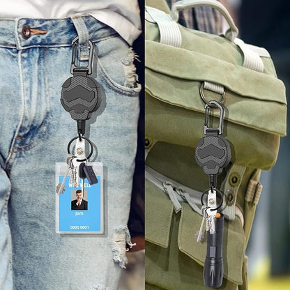 Retractable Keychain Badge Holder with Belt Clip, Heavy Duty Carabiner ID Badge Clip Reel, 32” Steel Retractable Cord, 10 oz Rebound，1pcs Black Keychain