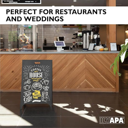 Ilyapa Modern Metal Double Sided Swinging Chalkboard Sidewalk Sign - Magnetic A Frame Alternative Menu Board, Sandwich Large Hanging Board Message Sign for Restaurant