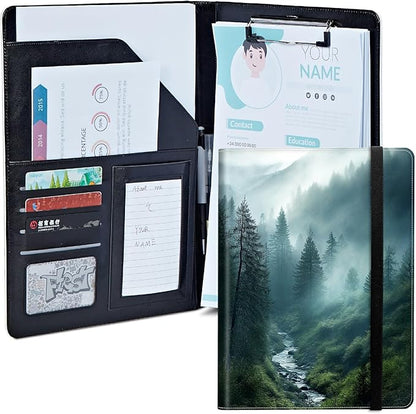 Forest in Rain Padfolio Folder with Clipboard,Portfolios Organizer Clipboards with Storage Clipboard Writing Pad PU Leather Conference Document Organizer with Business Card Holder