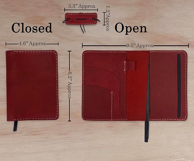Leather Cover for Field Notes, Passport Cover, Leather Notebook Cover for 3.5" x 5.5" with Pen Holder, Only Cover (Red)