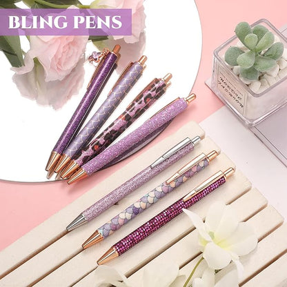 Sherr 7 Pcs Fancy Pens for Women Cute Sparkly Glitter Pens with 10 Pcs Black Ink Refills Pretty Gifts for Girls Office School Christmas Graduation(Purple,Stylish)