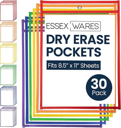 30 Pack, Assorted, Dry Erase Pocket Document Protectors,10" Wide x 13.5" Tall - Dry Erase Clear Plastic Sleeves - Reusable & Easy Erase Plastic Invoice Holders, Water-Resistant & Durable