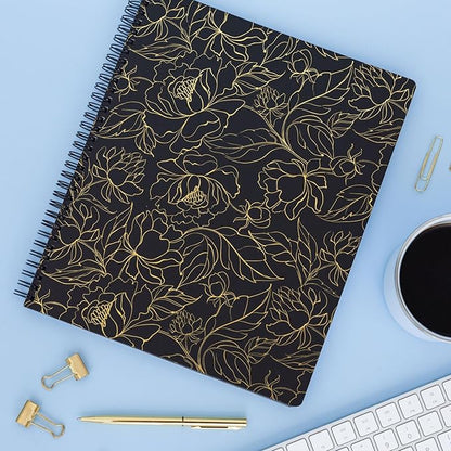 Steel Mill & Co Cute Large Spiral Notebook College Ruled, 11" x 9.5" with Durable Hardcover and 160 Lined Pages (Gold Floral)