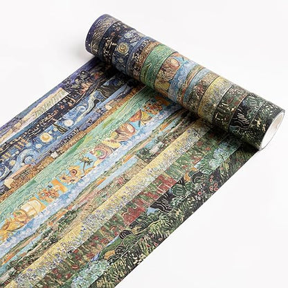 Lychii Washi Tape Set, 12 Rolls Gold Foil Van Gogh Oil Painting Patterns 5M/16.4Ft Long Decorative Masking Tapes for Planners, Calendar, Scrapbook, Journal - 15 mm
