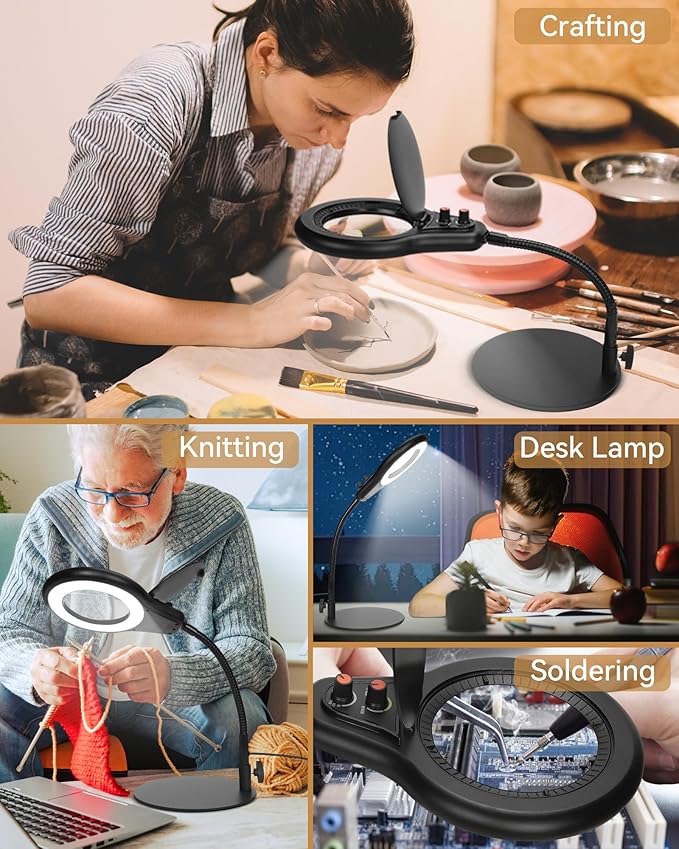 10X Magnifying Glass with Light and Stand, Flexible Gooseneck LED Lighted Desk Lamp with Dust Cover, Modes Stepless Dimming, Hands Free Magnifier for Craft Painting Hobby Reading