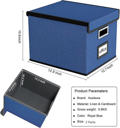 Huolewa Decorative File Organizer Boxes Office Document Storage with Lids, Portable Collapsible Linen Hanging Filing & Storage Boxes for Office/Decor/Home (Royal Blue) -14.9 x 12.7 x 10.8 inch -4 Pack