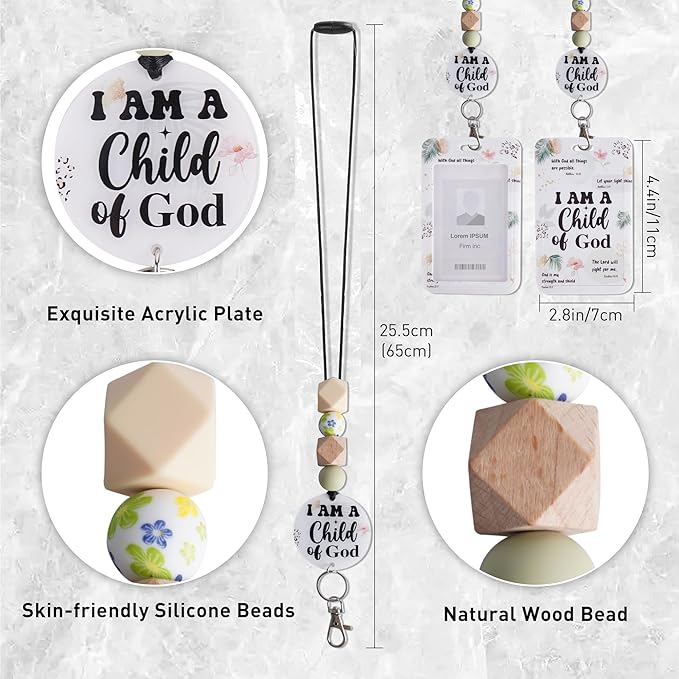 Christian Lanyard with ID Holder, I Am a Child of God Bible Verse Badge Holder with Beaded Adjustable Lanyard, Christian Gifts for Pastors Teachers Students