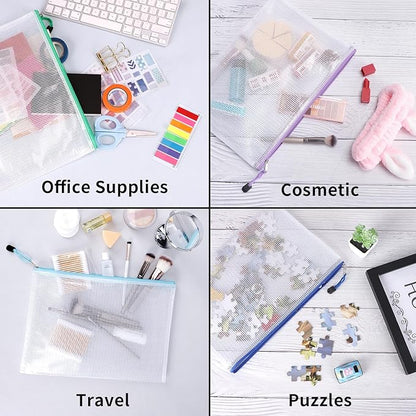 EOOUT 24pcs Mesh Zipper Pouch Bags, A4 Zipper Bags for Organizing Storage, Waterproof Zipper Pouches, Letter Size, File Bags for School, Toys, Puzzle, Board Games and Office Supplies