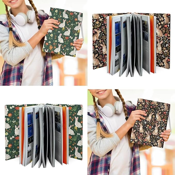 Bunny Floral Print Book Cover Book Protector 2 Pack Reusable, Stretchable Book Sox Hardcover Covers Reusable Book Protector Pouch, Green and Brown