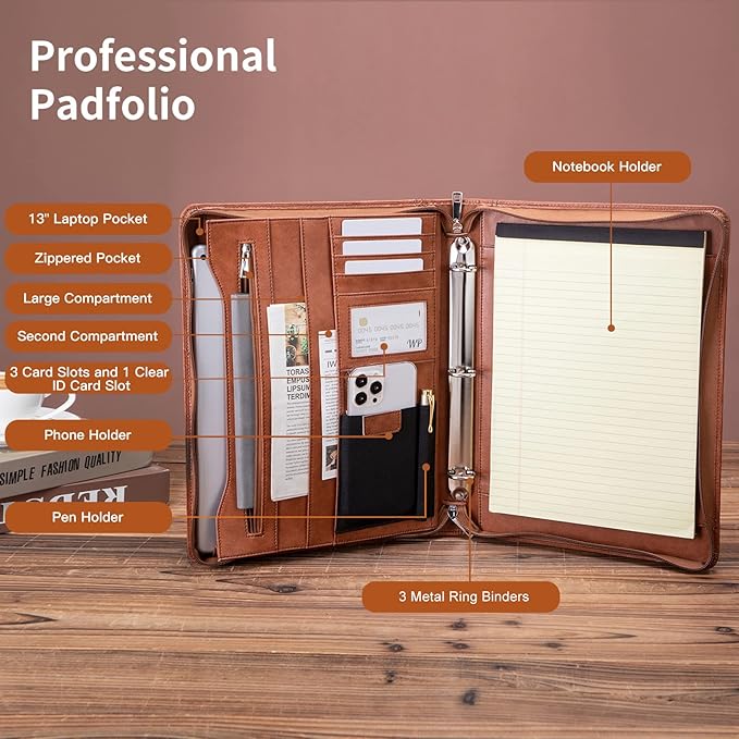Personalized Leather Portfolio with 3 Ring Binder, Vegan Leather Padfolio Zippered, A4 Notebook Holder Customized Business Folder Organizer Gift for Men and Women, Brown