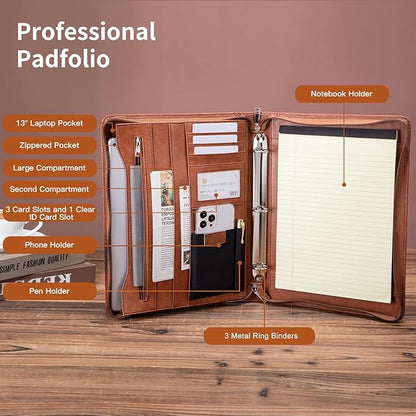 Personalized Leather Portfolio with 3 Ring Binder, Vegan Leather Padfolio Zippered, A4 Notebook Holder Customized Business Folder Organizer Gift for Men and Women, Brown