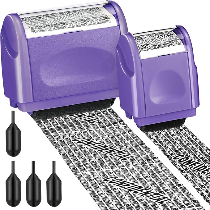 Nezyo 2 Pack Identity Protection Roller Stamp Identity Theft Stamp Confidential Roller Stamp Privacy Stamp Information Blocker Stamp and 4 Pack Refill Ink for ID Account Data Address Security (Purple)