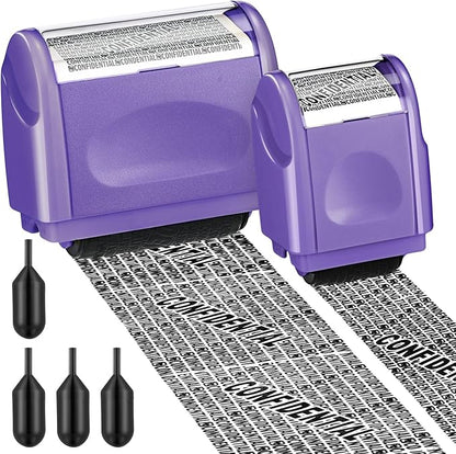 Nezyo 2 Pack Identity Protection Roller Stamp Identity Theft Stamp Confidential Roller Stamp Privacy Stamp Information Blocker Stamp and 4 Pack Refill Ink for ID Account Data Address Security (Purple)