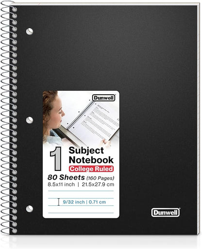 Dunwell College Ruled 1 Subject Notebook, 80 Sheets, Spiral Notebook with 8.5 x 11 Paper, Protective Plastic Cover, Divider with Pockets, Perforated Pages, 3-Hole Punched