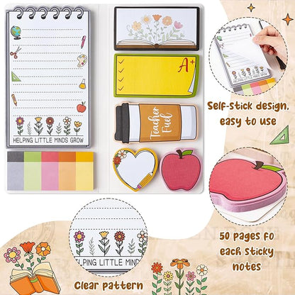 Retro Wildflowers Teachers Sticky Notes Set - Teacher Plant Seeds Self-Stick Note Pads Teacher Appreciation Notepads Writing Memo Pad Page Marker Back to School Office Supplies Thank You Gift