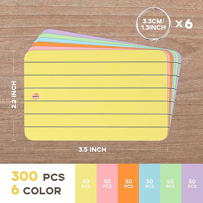 300Pcs Colored Index Cards with Ring, Goefun Ruled Notecards, 6 Color 2.2x3.5 Flashcards for Studying, Vocabulary Cards, Memos, Bookmark, To Do List
