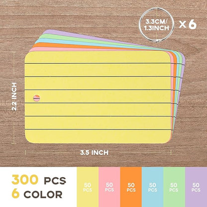 300Pcs Colored Index Cards with Ring, Goefun Ruled Notecards, 6 Color 2.2x3.5 Flashcards for Studying, Vocabulary Cards, Memos, Bookmark, To Do List