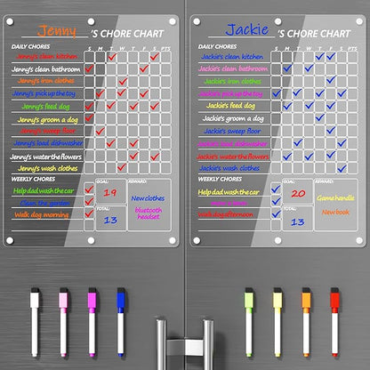 Acrylic Magnetic Chore Chart for 2 Kids, Clear Chores Chart for Fridge Refrigerator, Weekly Dry Erase Board for Multiple Kids Teens Adults, w/ 8 Colors Markers, 15"x11"