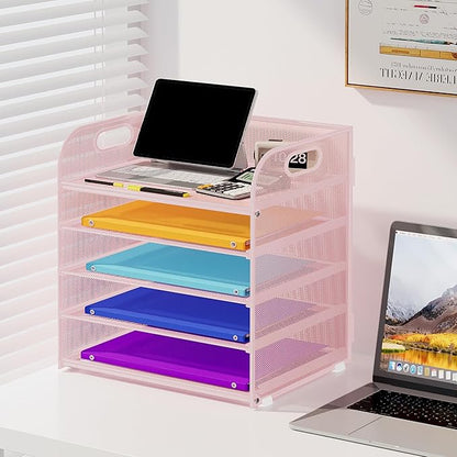 5 Tier Paper Organizer with Handle, Metal Mesh Desk Organizer File Folder Organizer Paper Letter Tray Desktop Document Sorter for Classroom, School, Office Organization and Storage - Pink