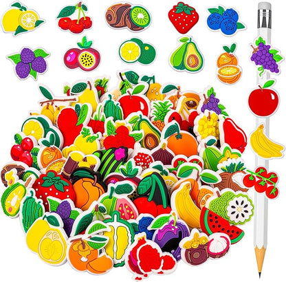 WDAHDHP Pencil Clips Topper for Kids, 50Pcs Different Cute Pencil Fruit Clips, Pencil Charms Bulk for Boys and Girls Classroom Prizes School Rewards