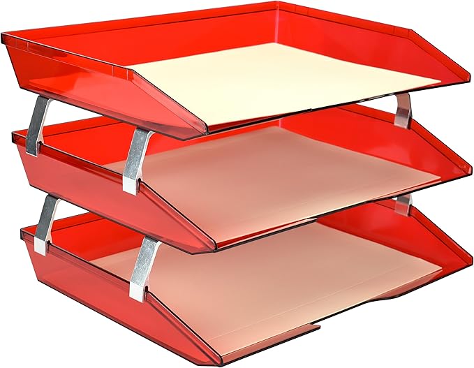 Acrimet 3 Tier Side Load Letter Tray Facility, Desktop File Organizer, A4 Letter Size Paper Organizer, Minimalist Storage Solution Paper Tray for Office, Home, Classroom (Plastic, Clear Red Color)