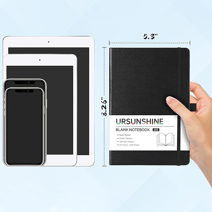 Blank Journal/Notebook - Classic Notebook/Journal with Ribbon Divider, Hardcover with Thick Paper, 5.7" x 8.4", Banded + Pen Holder +Inner Pocket - Black