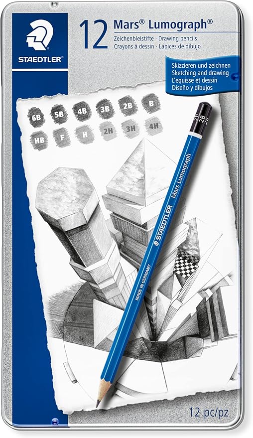 STAEDTLER Mars Lumograph Art Drawing Pencils, 12 Pack Graphite Pencils in Metal Case, Break-Resistant Bonded Lead, 100 G12,Silver/Blue