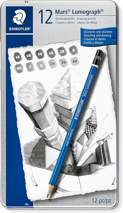 STAEDTLER Mars Lumograph Art Drawing Pencils, 12 Pack Graphite Pencils in Metal Case, Break-Resistant Bonded Lead, 100 G12,Silver/Blue